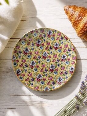 Queens Chintz Yellow Floral Ceramic Dinner Plate with Gold Trim